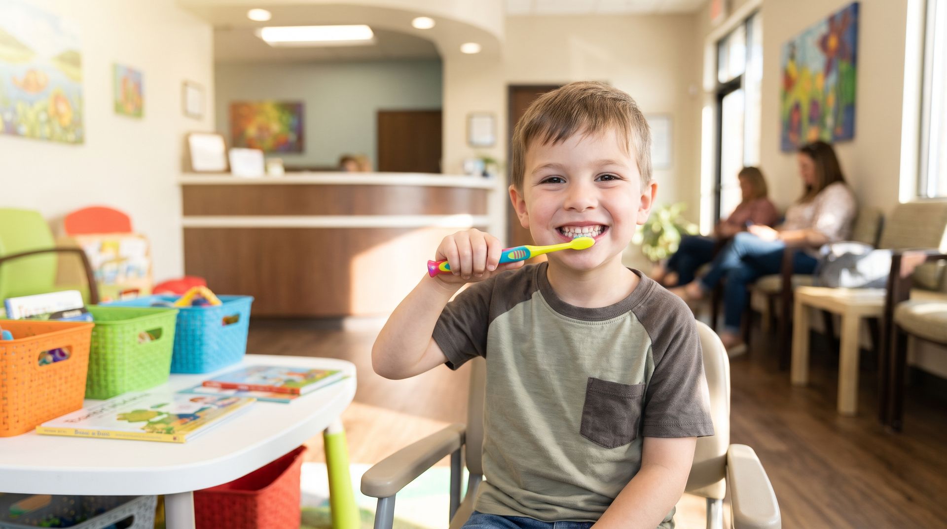 Smiling child in a classroom, holding a pencil and sitting at a table with colorful bins nearby