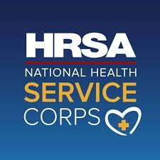 HRSA National Health Service Corps logo on blue background. White text, red underline, yellow words, heart.