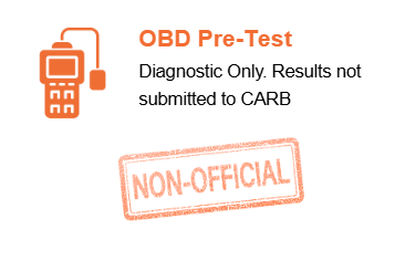 OBD pre-test notice with orange icon and “NON-OFFICIAL” stamp; diagnostic only, not submitted to CARB