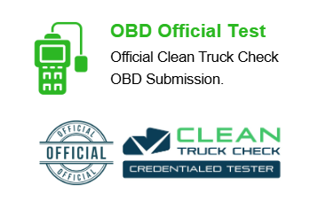 OBD Official Test and Clean Truck Check credentialed tester logos in green and blue on white background