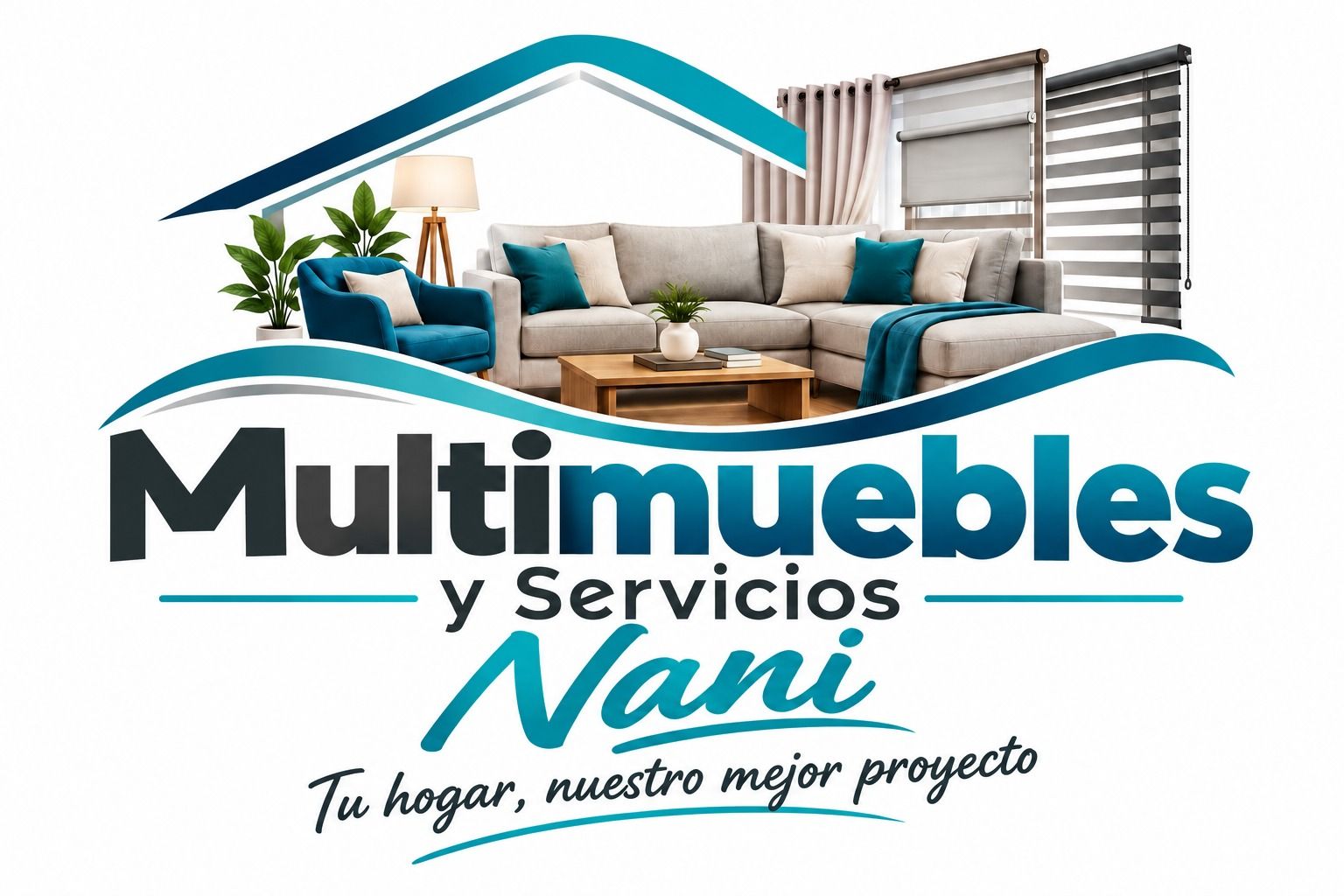 Logotipo de Multimuebles y Servicios Nani con un tejado turquesa y muebles de salón