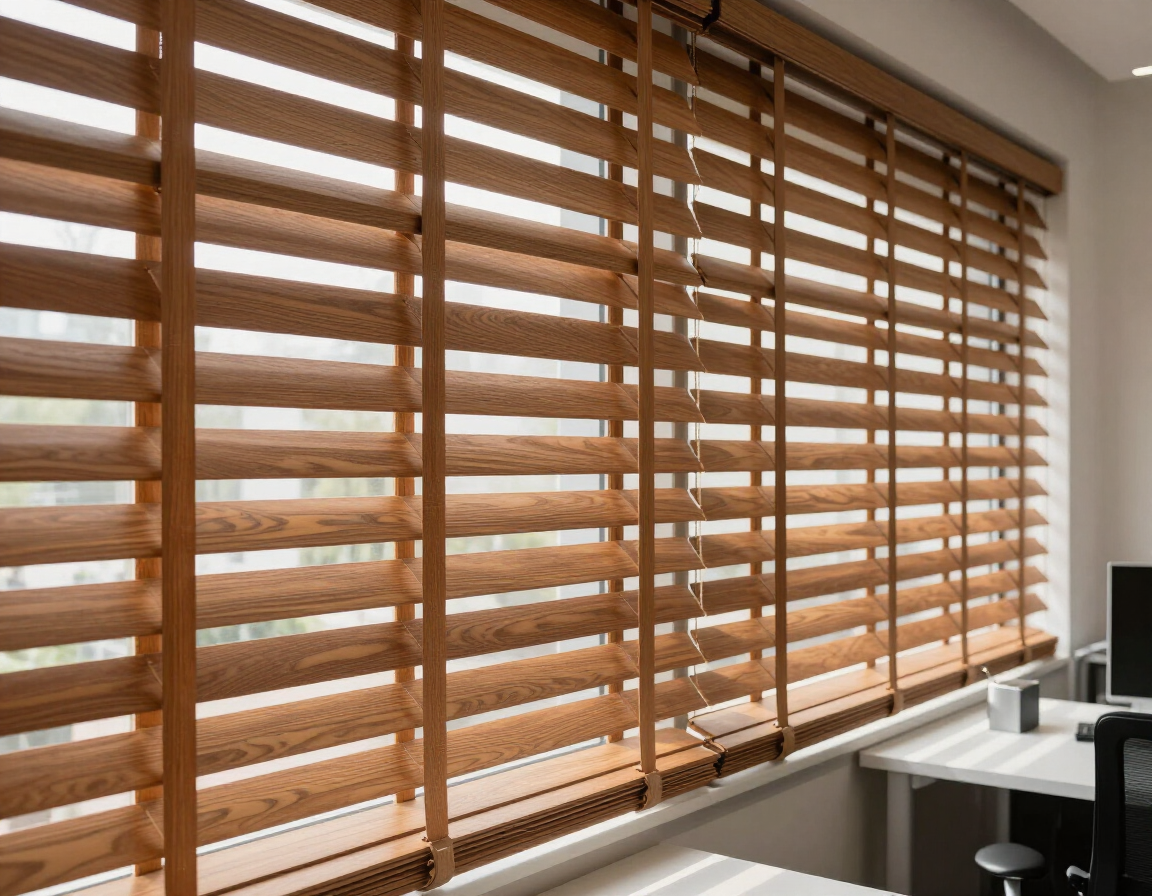 Persianas de madera sobre una ventana luminosa de oficina, junto a un escritorio y una silla blancos