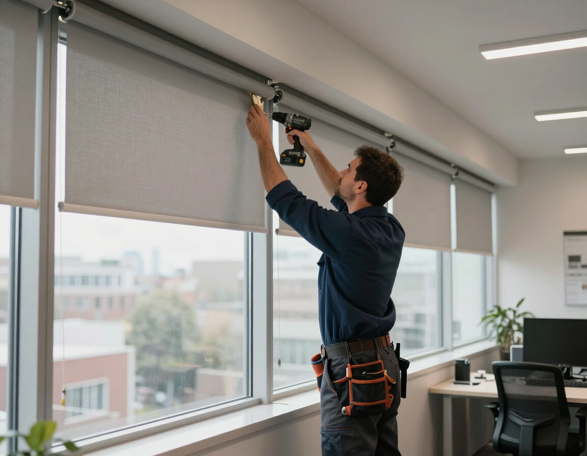 Un trabajador instala una persiana enrollable sobre la ventana de una oficina con un taladro