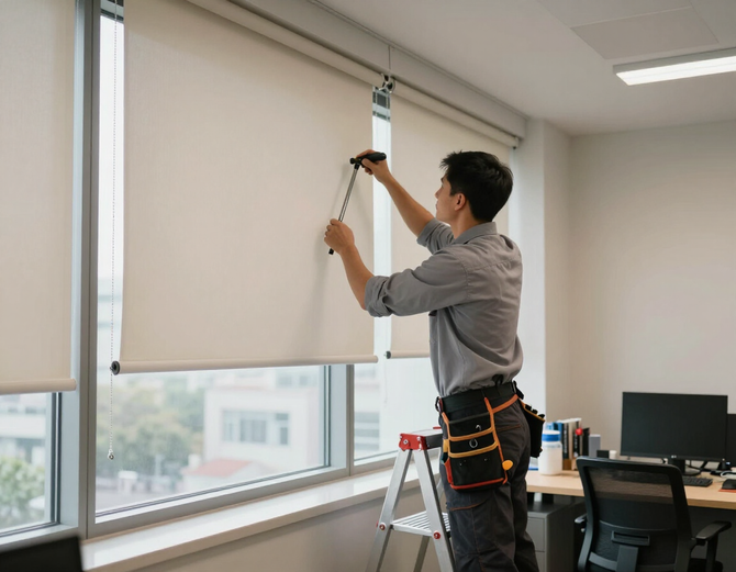 Un técnico instala una persiana enrollable blanca en la ventana de una oficina.