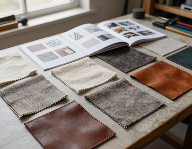 Muestras de tela abiertas y un libro de diseño sobre una mesa junto a una ventana