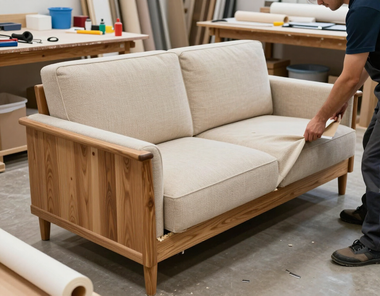 Una persona ajusta un sofá beige de dos plazas con estructura de madera en un taller