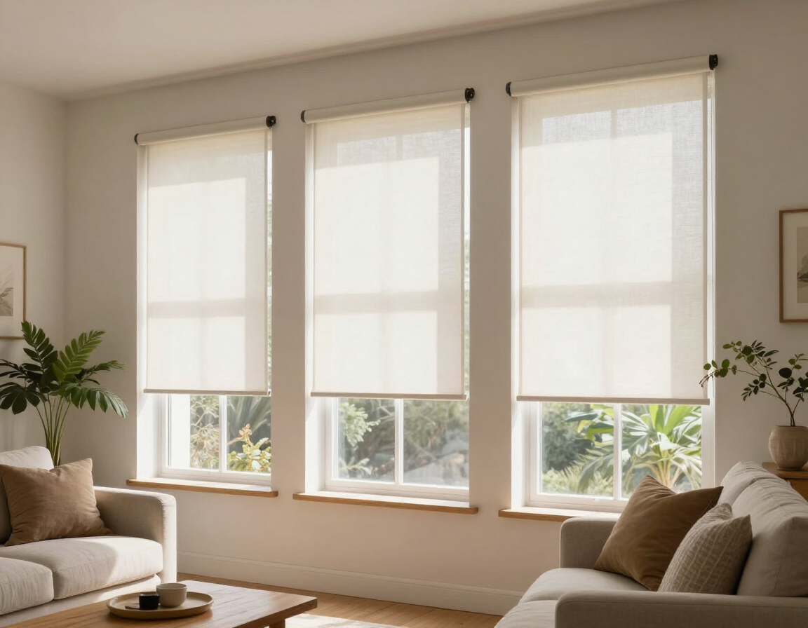 Luminoso salón con tres ventanas cubiertas con cortinas traslúcidas, un sofá beige y plantas en macetas.