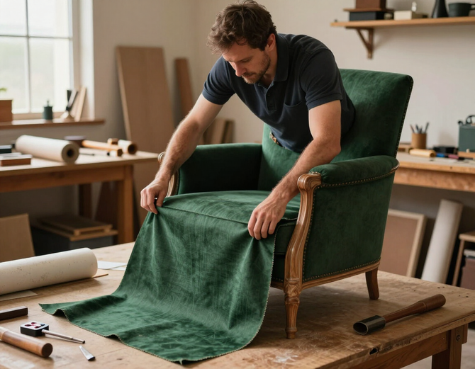 Un hombre tapiza un sillón verde en un taller, alisando la tela sobre el asiento