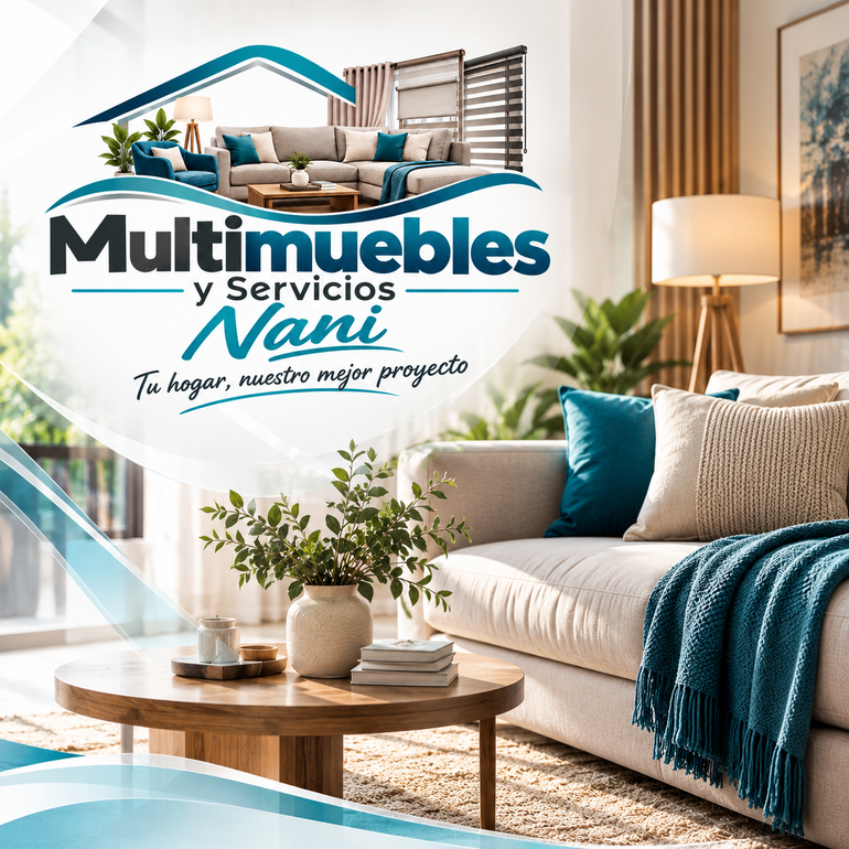 Logotipo de Multimuebles y Servicios Vani sobre una sala luminosa con sofá, mesa de centro, lámpara y detalles en tonos turquesa