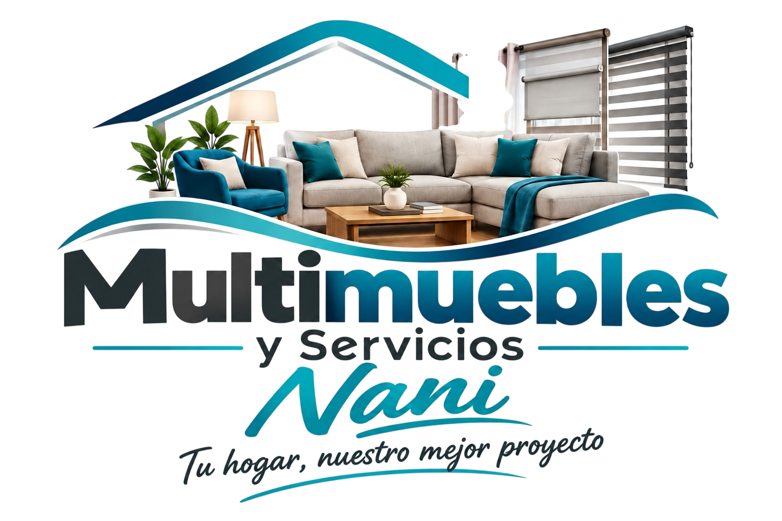 Logotipo de Muebles y Servicios Nani con una sala moderna, techo azul y texto turquesa y negro.