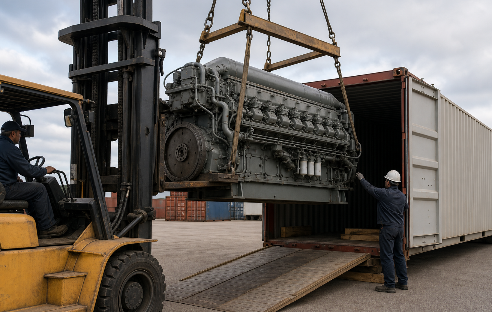 marine engines loaded for international export shipping