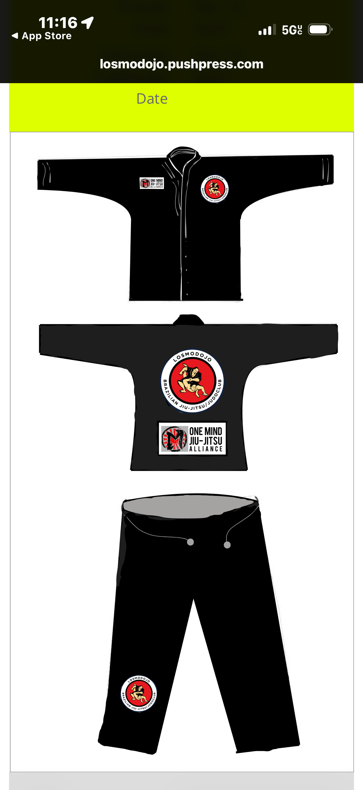 Jiu-Jitsu uniform, top, t-shirt, and pants. All pieces feature a red logo.