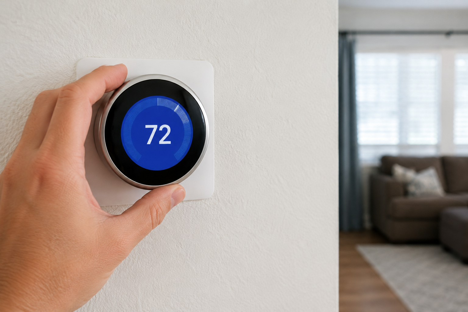 Hand holding a blue smart thermostat set to 72°F on a wall, with a living room in the background