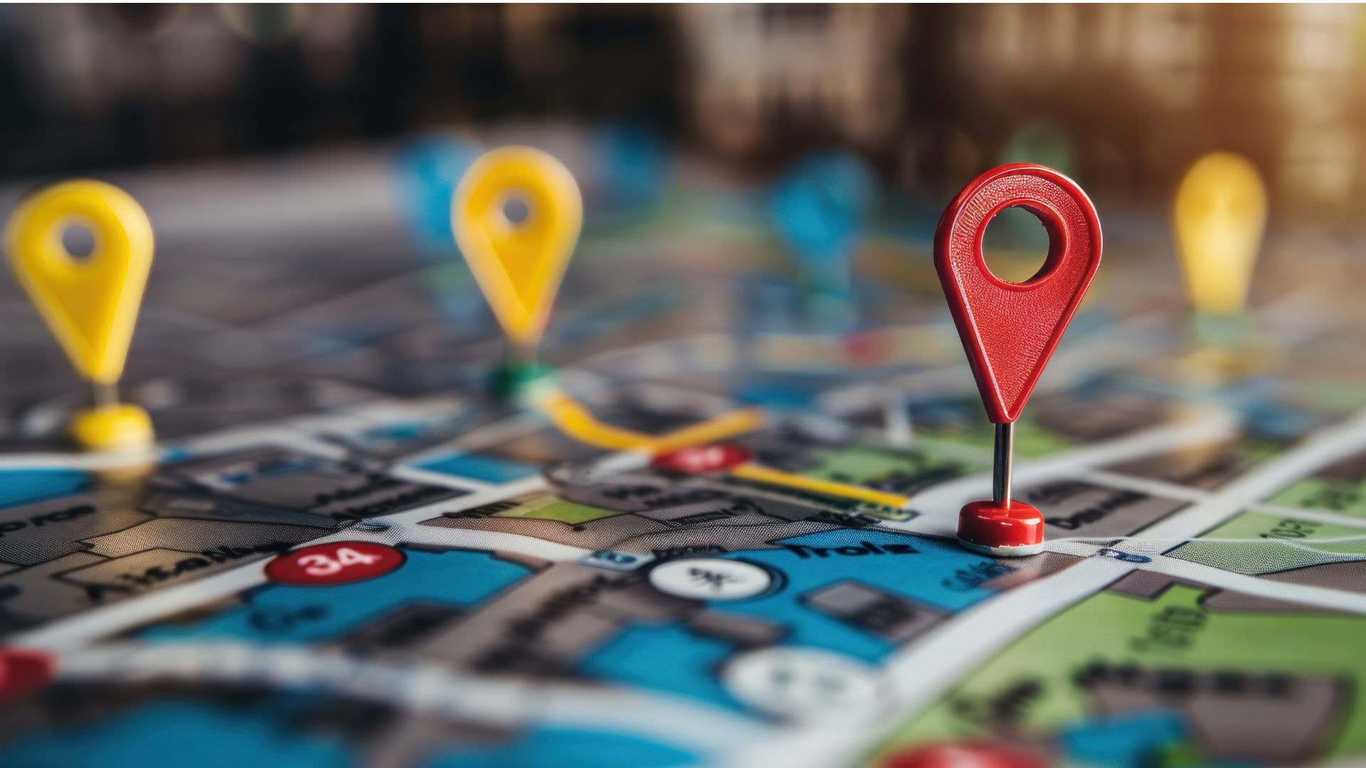 Red location pin on a colorful city map with blurred yellow pins in the background