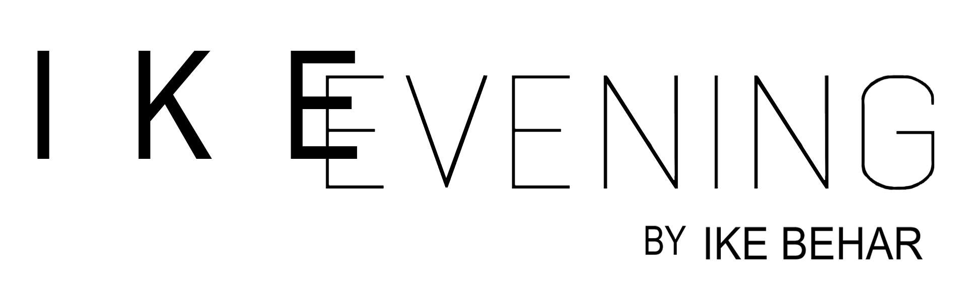 IKE EVENING by IKE BEHAR, logo with stylized letters. The two Es in EVENING are stacked.