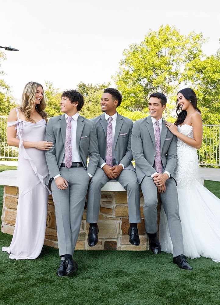Wedding party: couple and groomsmen pose together, woman in light dress, men in grey suits.