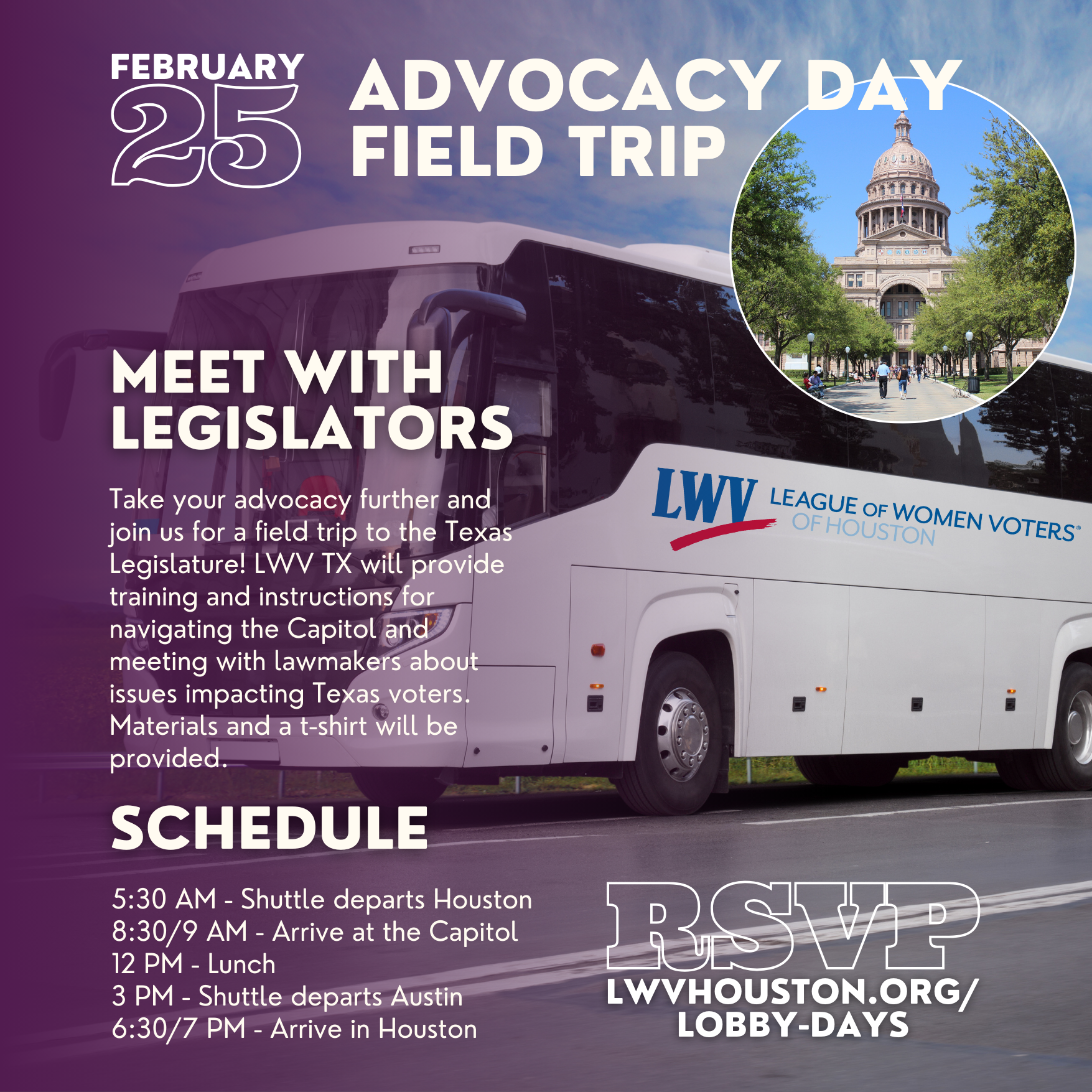 Flyer for Advocacy Day field trip to Austin. Includes text about meeting legislators, schedule, and RSVP information. The image features a bus and the Texas Capitol.