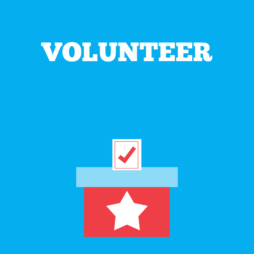 Volunteer sign above a ballot box with a star and a checkmark.