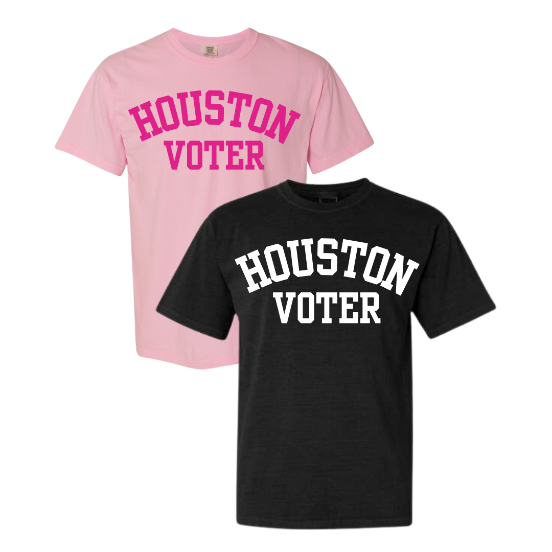 Two t-shirts: one pink, one black. Both say 