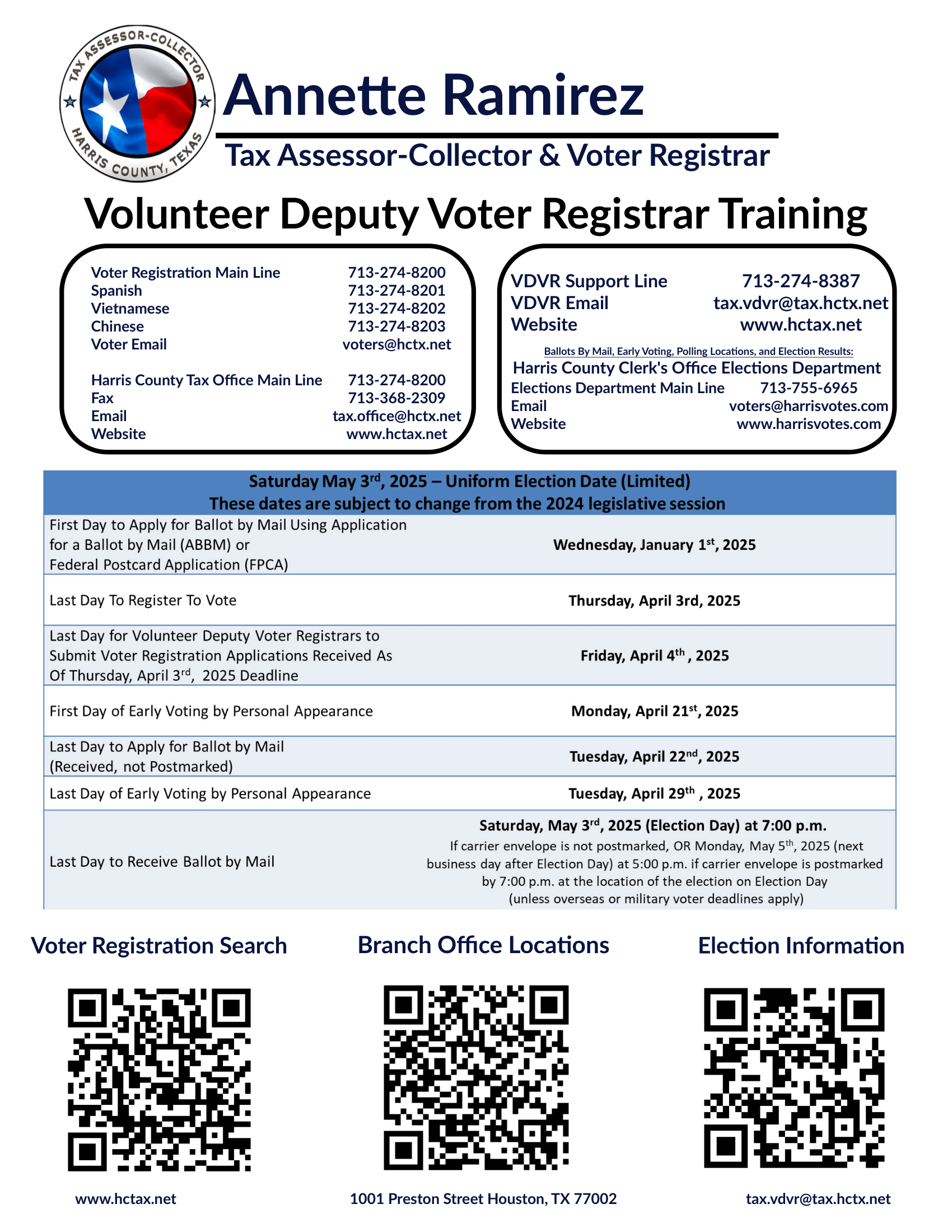 Flyer for Volunteer Deputy Voter Registrar Training by Annette Ramirez, including dates, times, and QR codes for information.