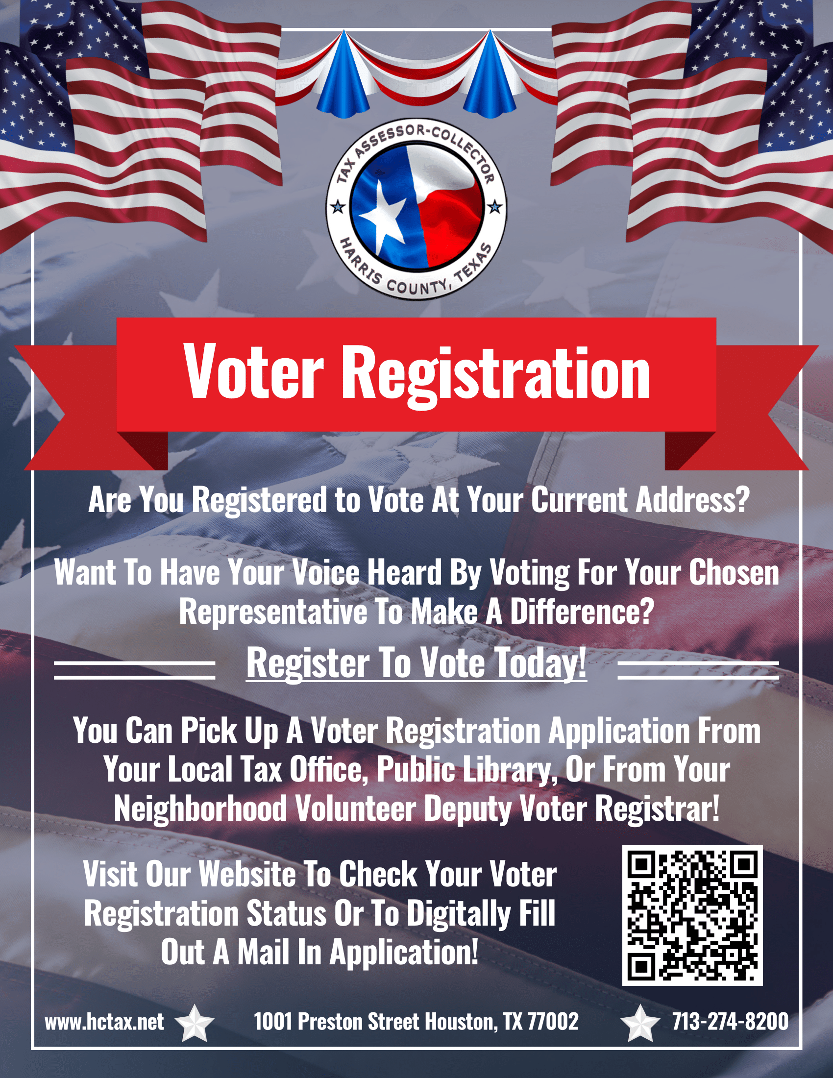 Poster for voter registration in Texas, with a red and blue theme. It features the Texas state seal, American flags, and instructions for registering to vote.