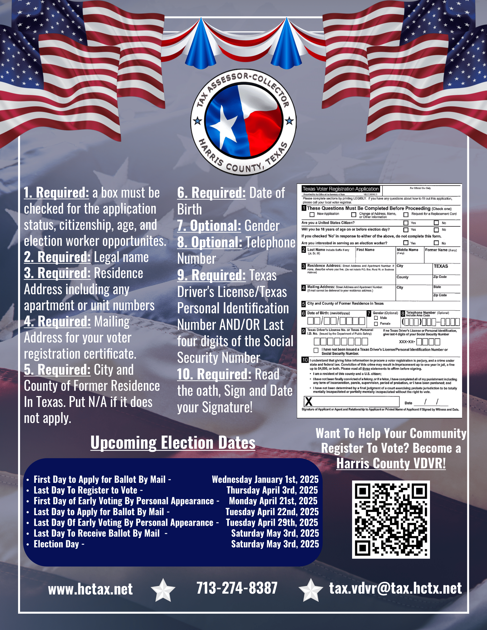 Poster for Harris County, TX, election information featuring American flags, a seal, a ballot, and upcoming election dates.