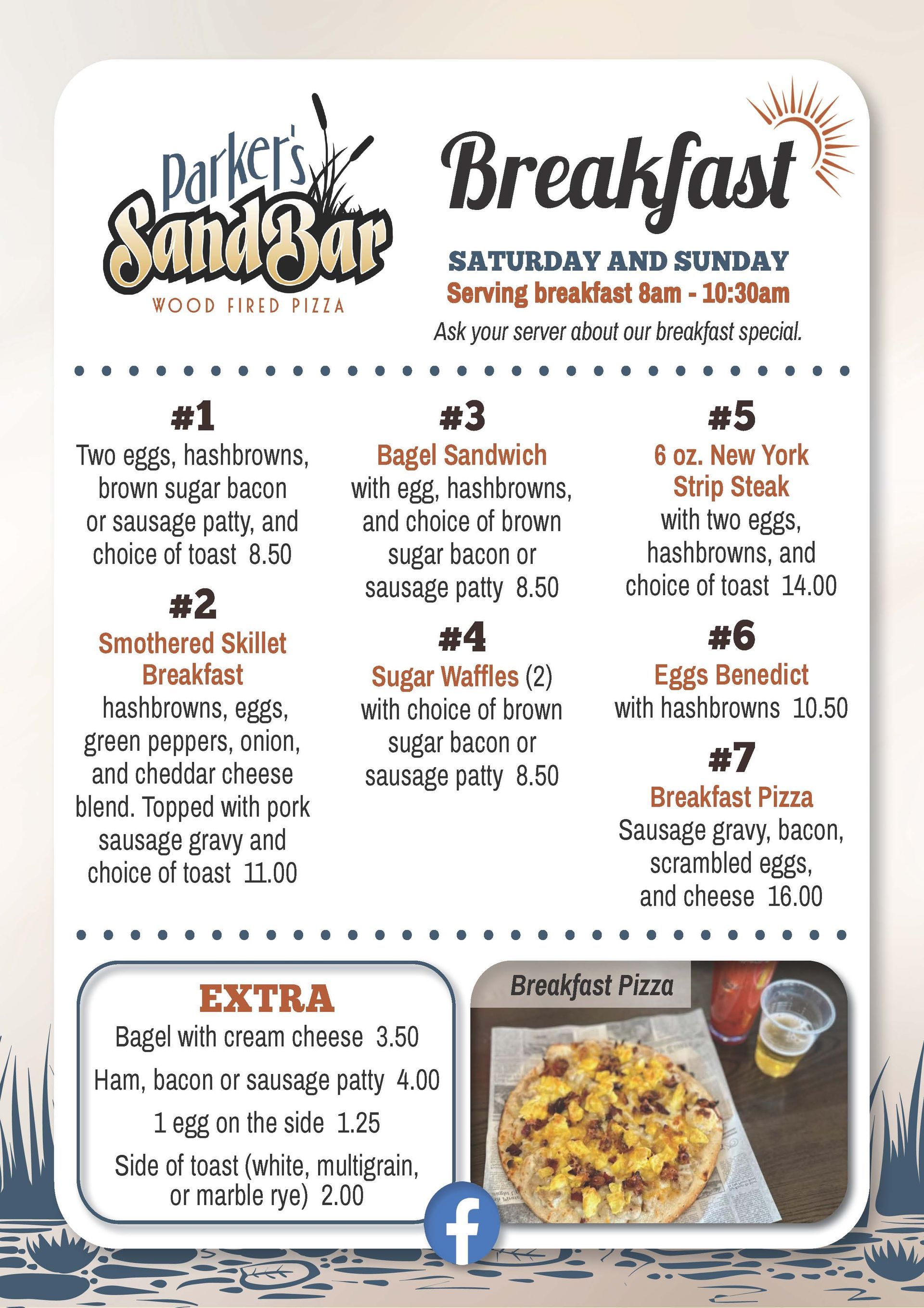 Colorful breakfast sandwich menu flyer with six sandwich options, extras, and a sandwich photo.
