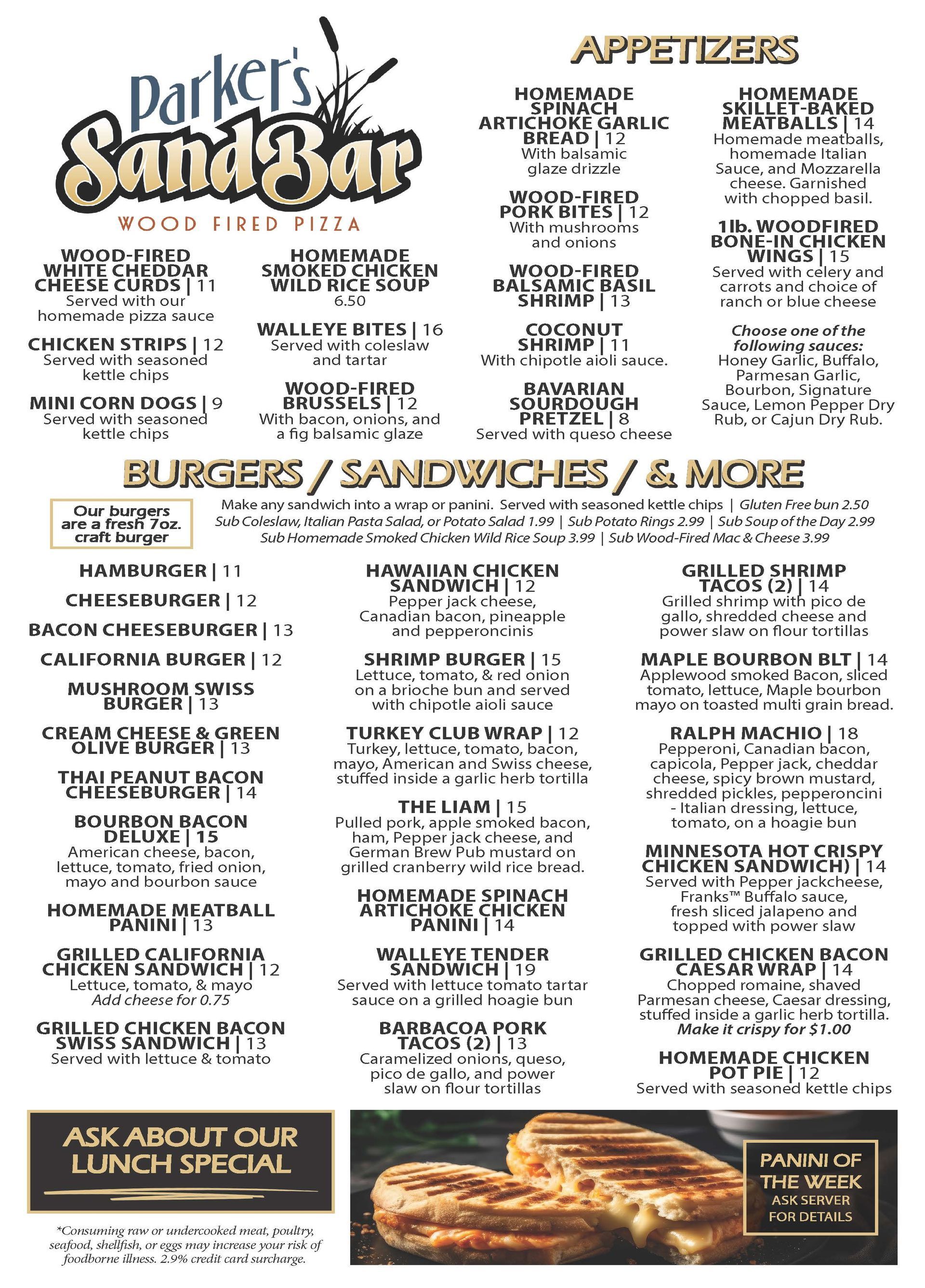 Parker’s Sandbar restaurant menu with appetizers, burgers, sandwiches and rice, plus a seafood sandwich photo at bottom