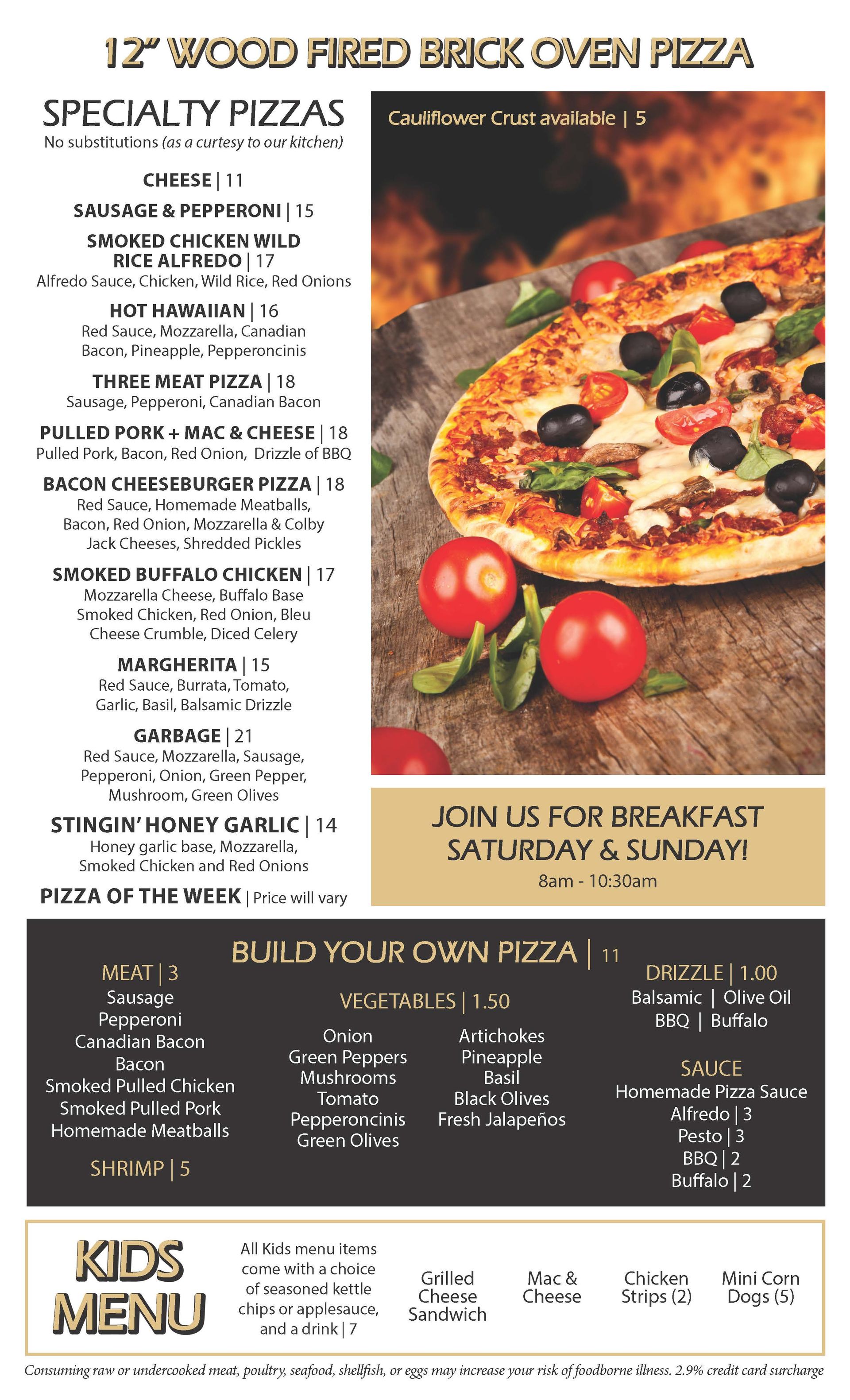 Restaurant pizza menu with special pizzas, a large pizza photo, and kids menu at the bottom