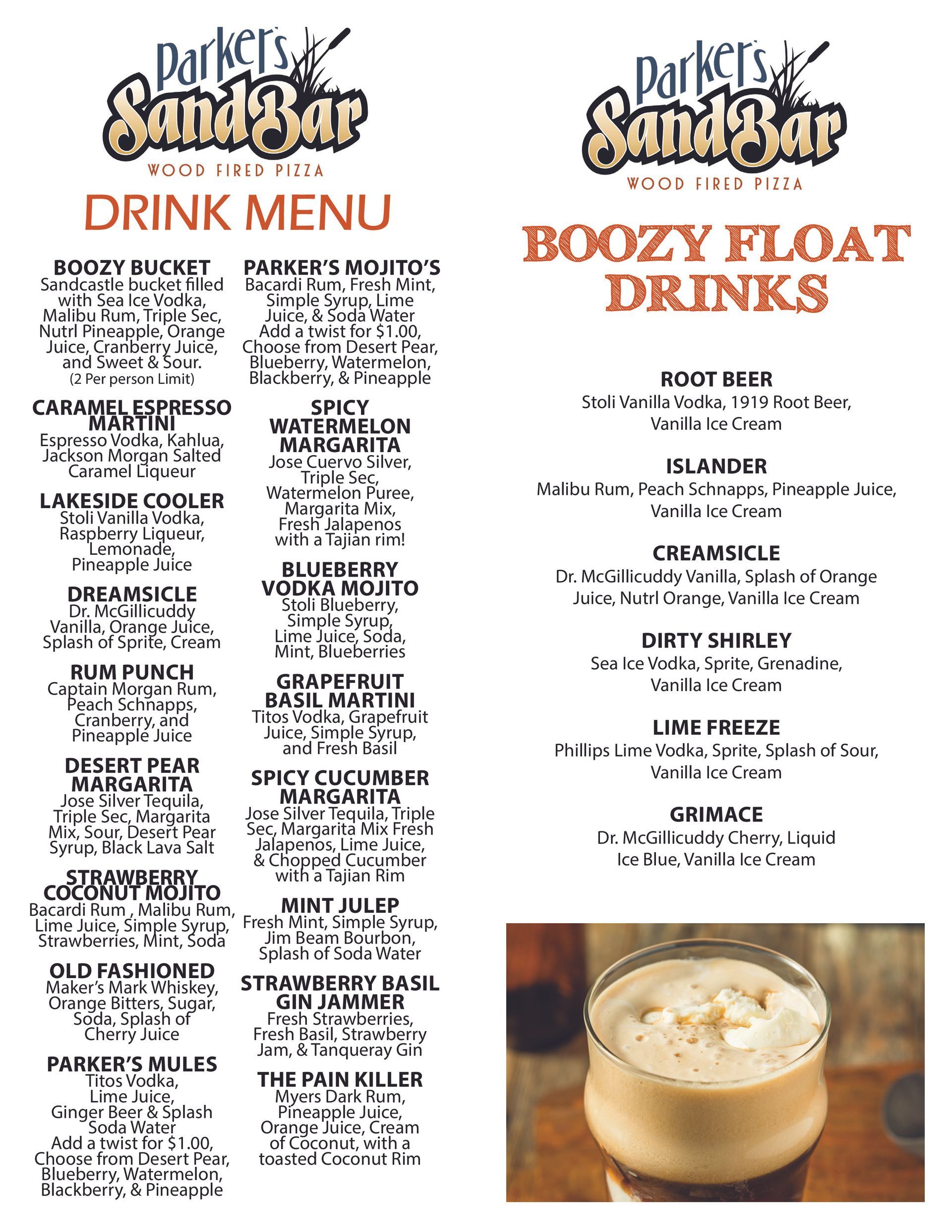 Restaurant drink menu with cocktail list and boozy float drinks, plus a photo of a creamy float in a glass