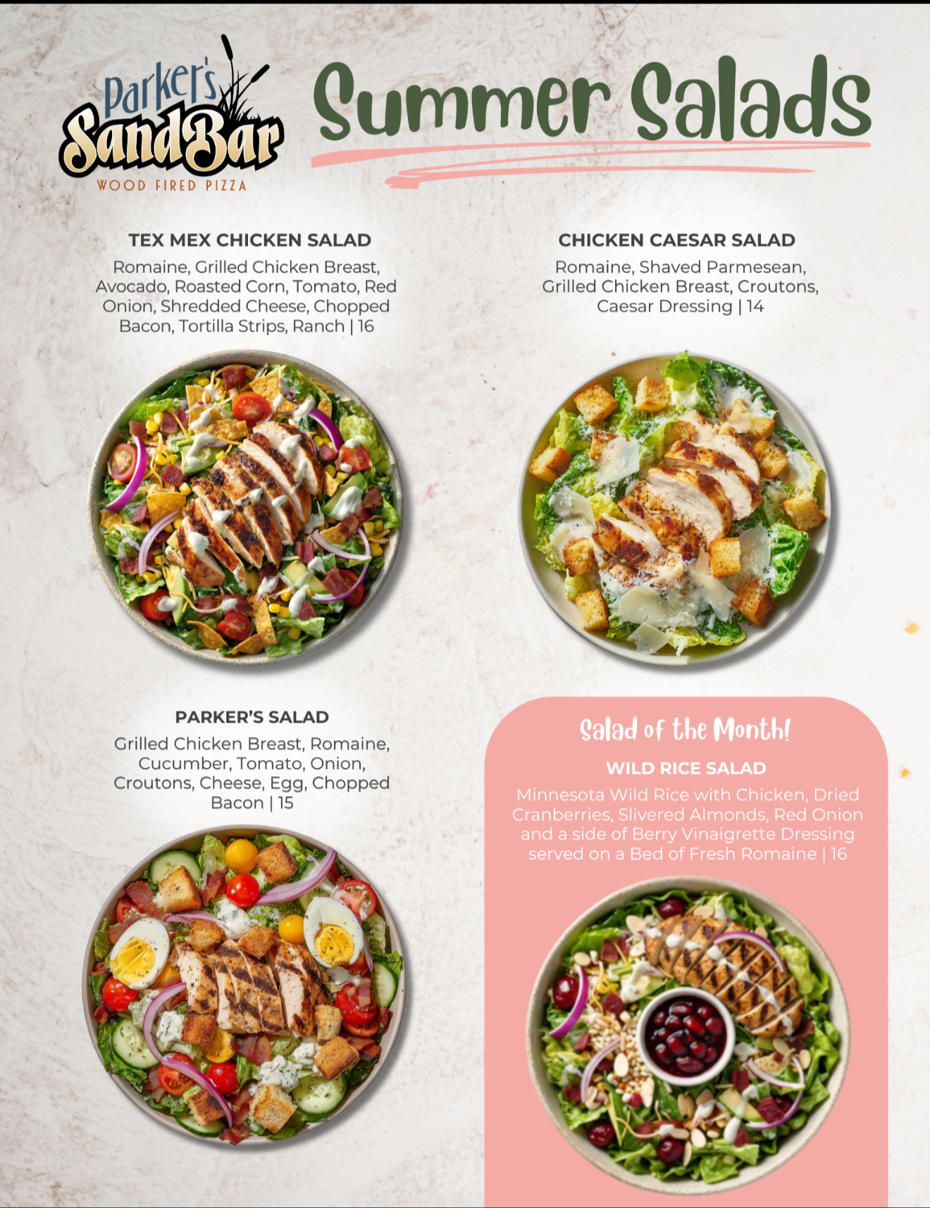Summer salads menu with four colorful salad photos and dish names on a light background