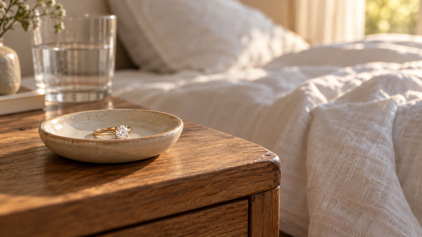 Engagement ring on a bedside table.