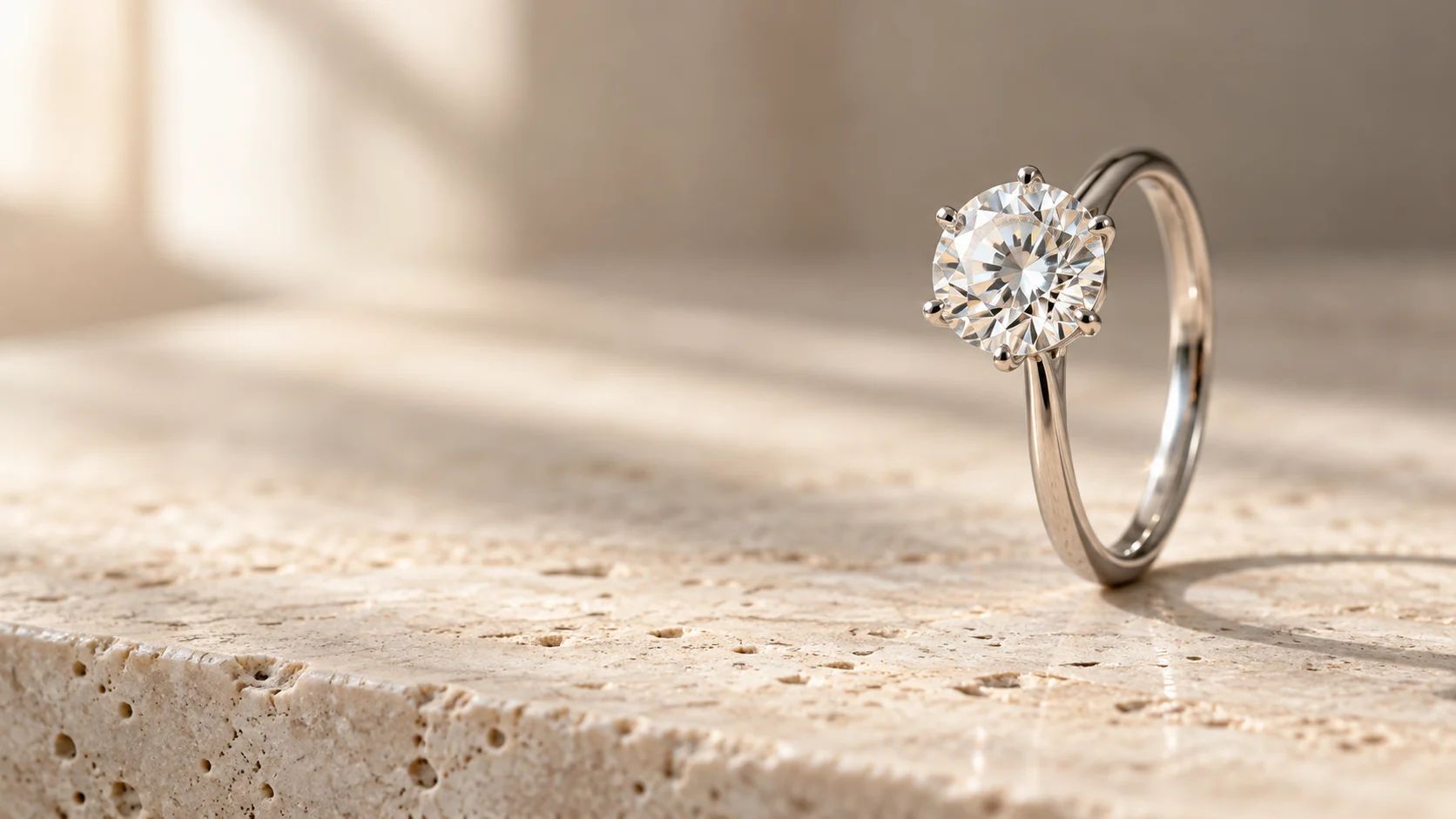 Platinum six-prong solitaire engagement ring with a round diamond on a cream stone surface.