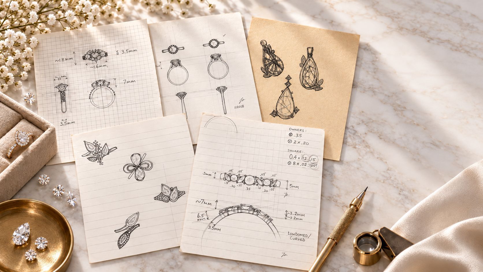 Victoria Cho's sketches of custom engagement rings, a wedding band, and diamond jewellery.