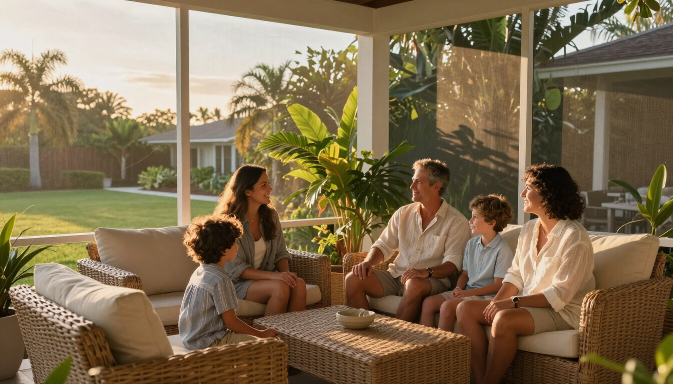 Family relaxing on a Florida screened patio in golden-hour light