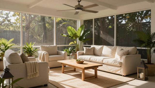 Sunlit screened porch with beige sectional sofas, wooden coffee table, and potted plants