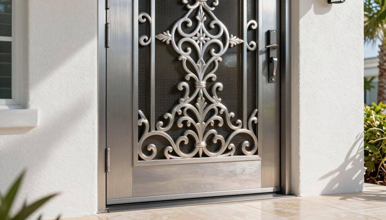 Ornate silver front door with decorative wrought-iron paneling beside a white stucco wall