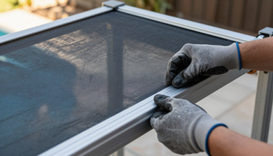 Technician installing new screen mesh