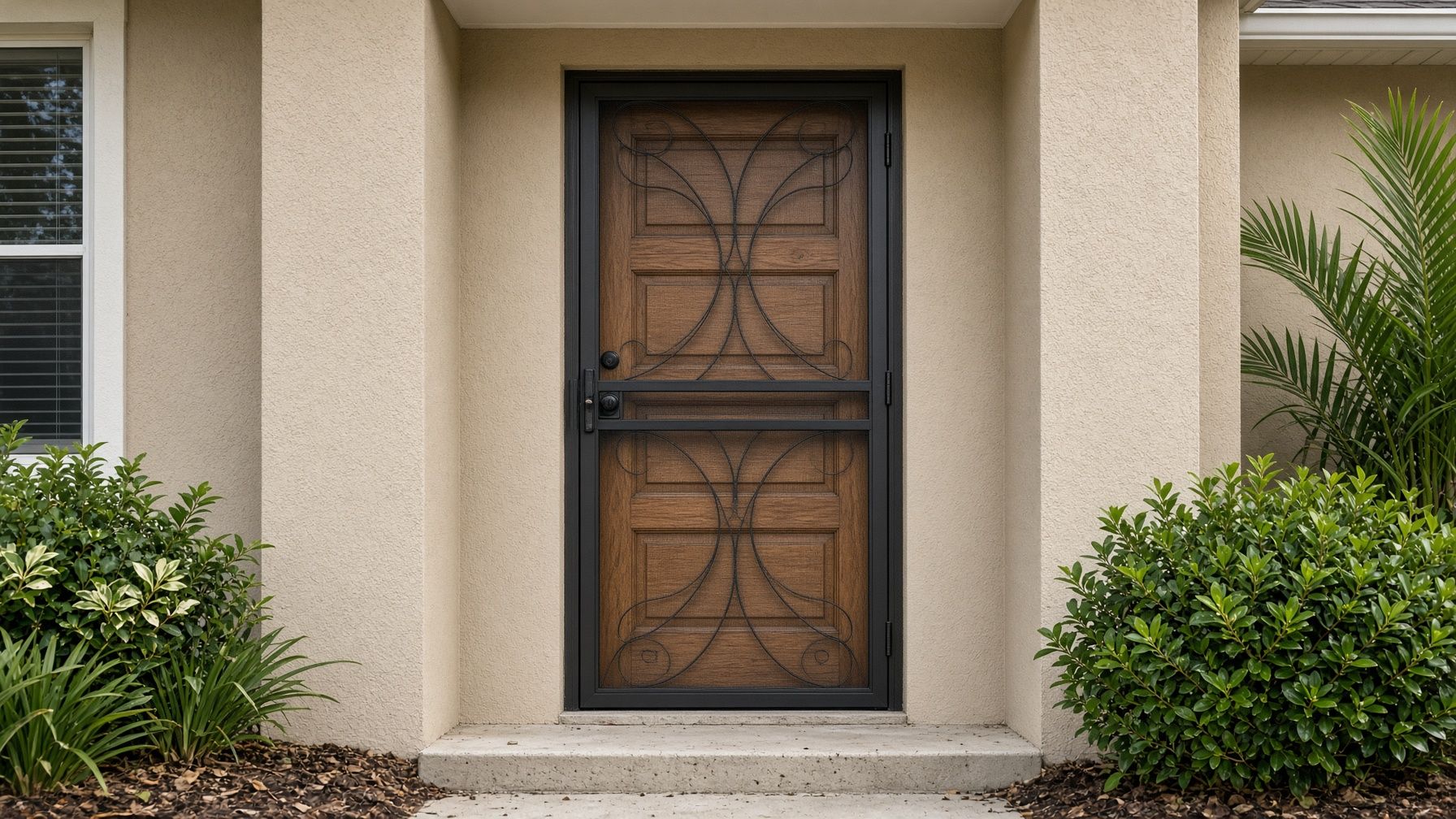 Front entrance with a black metal security door and wood panel, framed by beige stucco and green shrubs.