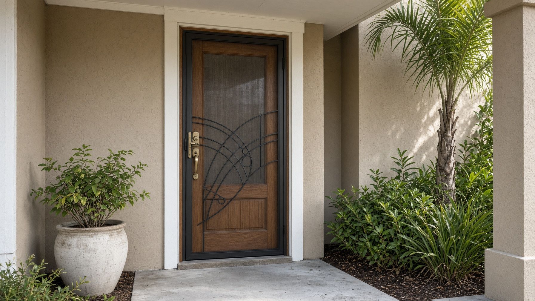 Front porch with a wooden front door, potted plant, and green shrubs beside beige stucco walls.