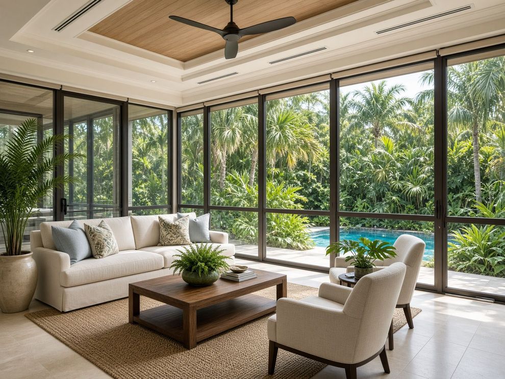 Modern living room with cream sofa, armchair, coffee table, and floor-to-ceiling windows overlooking a pool and palms
