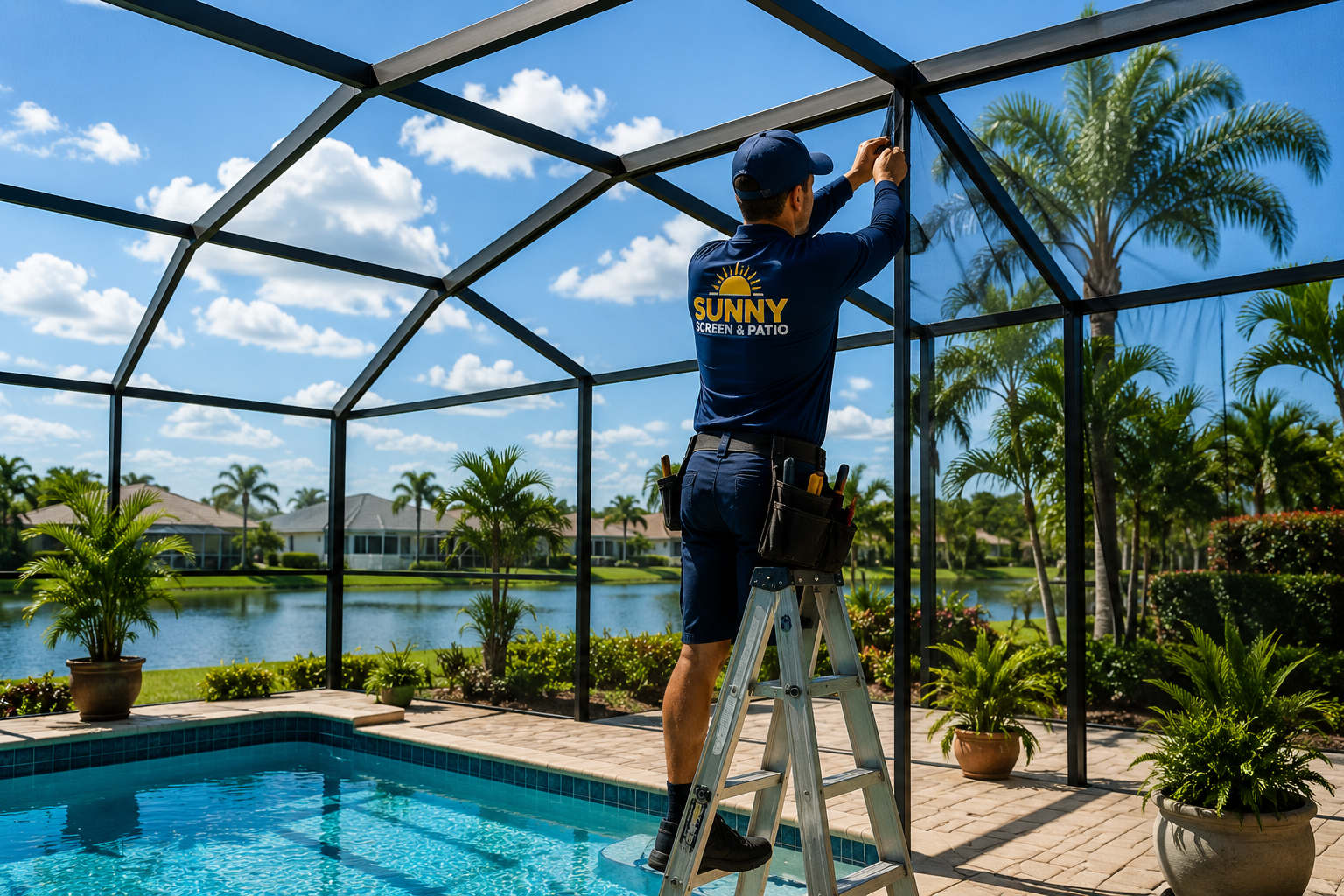 Worker assembling a black metal pool cage beside a turquoise pool and palm trees