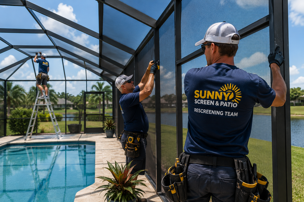 Workers install screening on a pool enclosure beside a backyard pool under a sunny sky