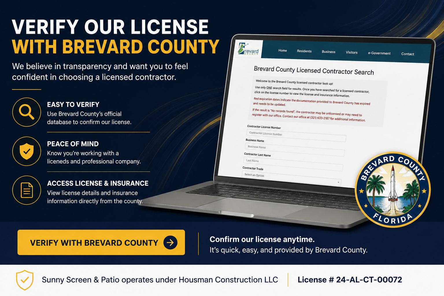 Florida Orange County election verification banner with website screenshot and county seal on navy background