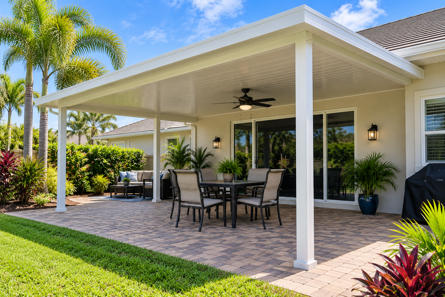 Covered patio with outdoor dining set, ceiling fan, potted plants, and tropical landscaping beside a house