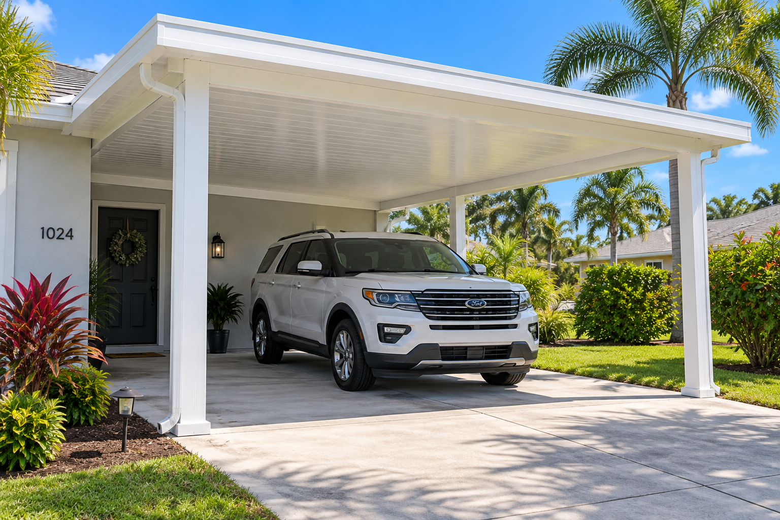 White SUV parked under a carport at a tropical home with palm trees and a bright driveway