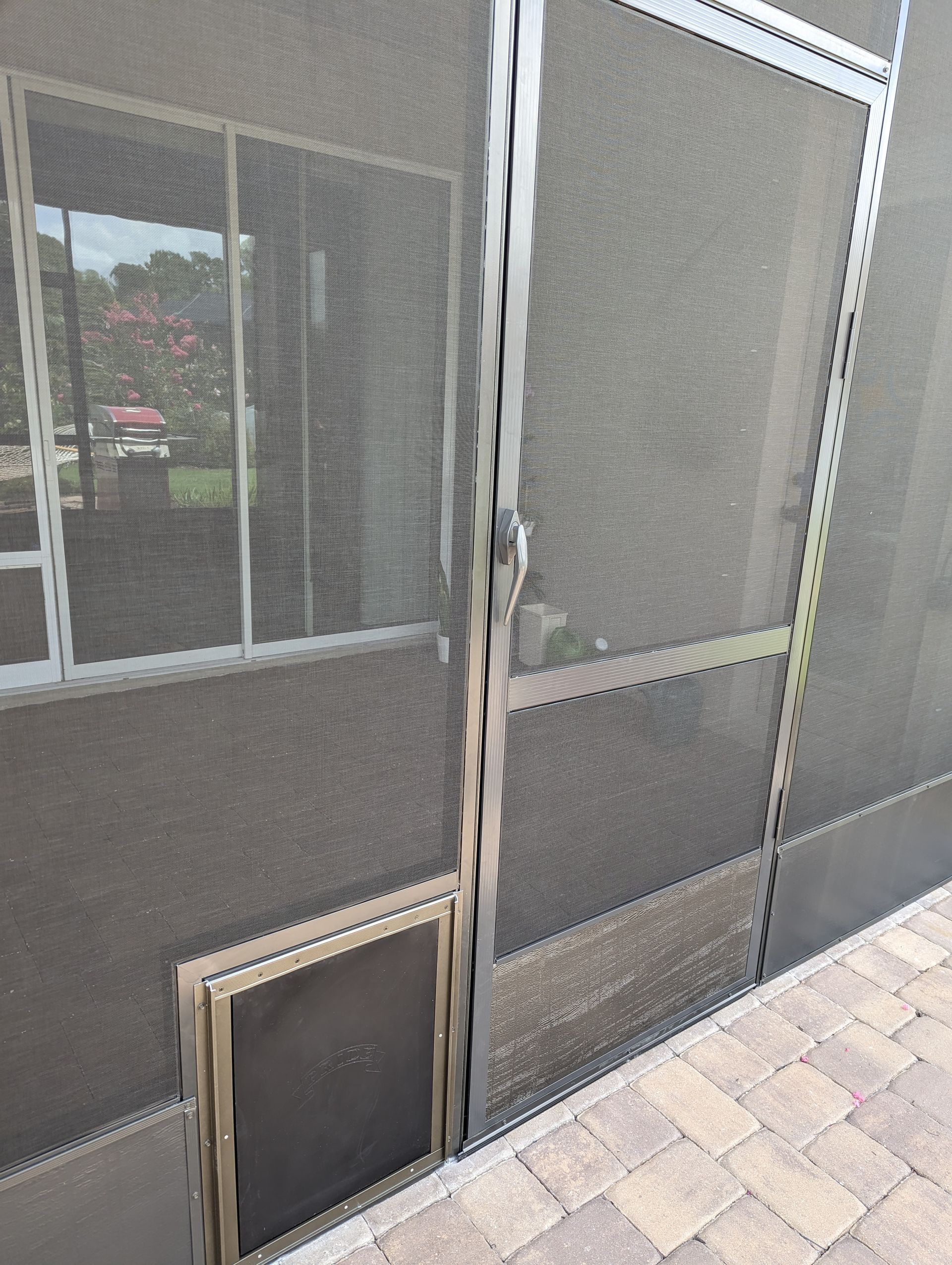 Screened exterior wall with a small pet door near the bottom and a paved walkway beside it