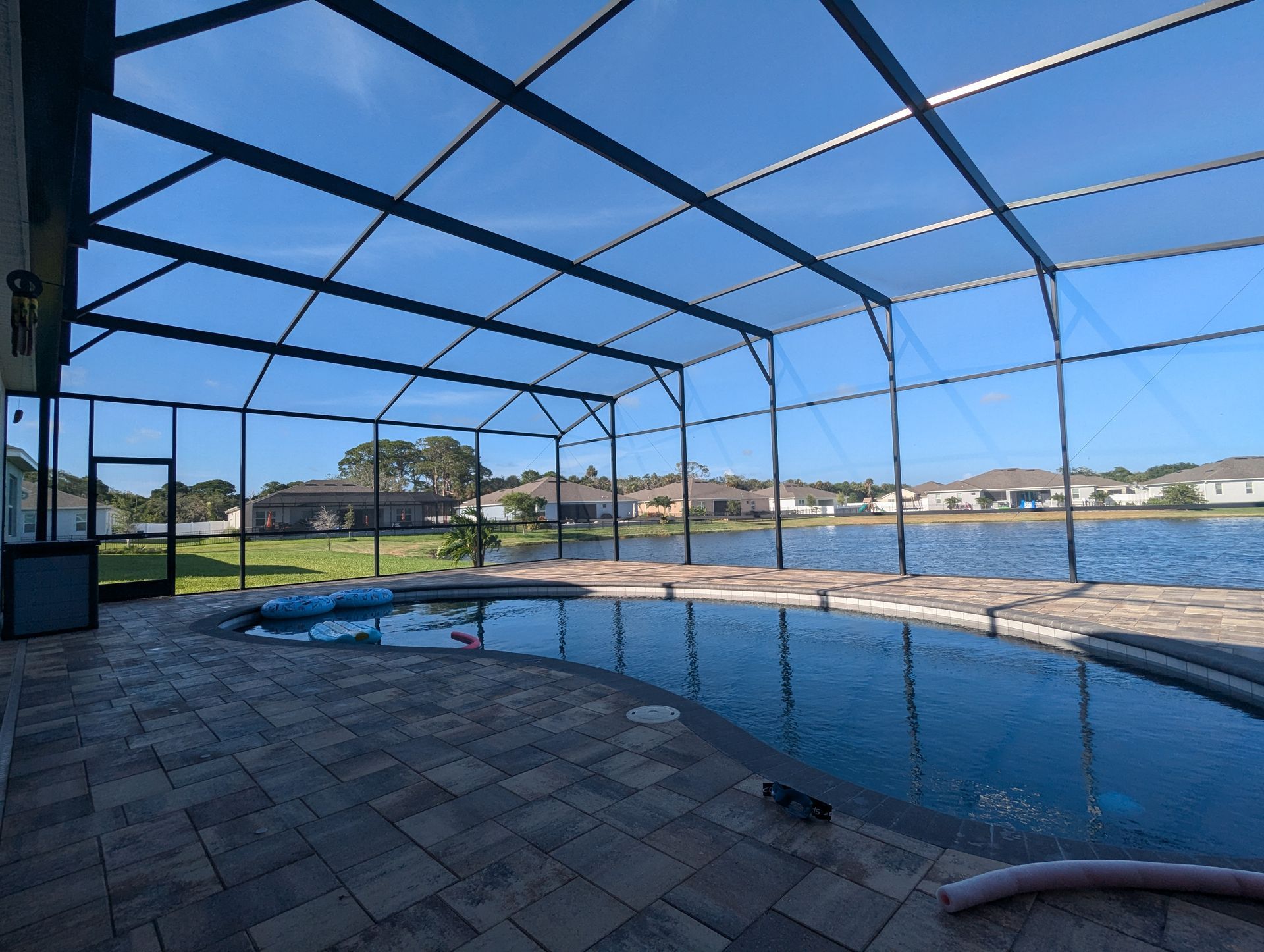 Curved backyard swimming pool with screened lanai, palm trees, and sunlit patio in a tropical setting