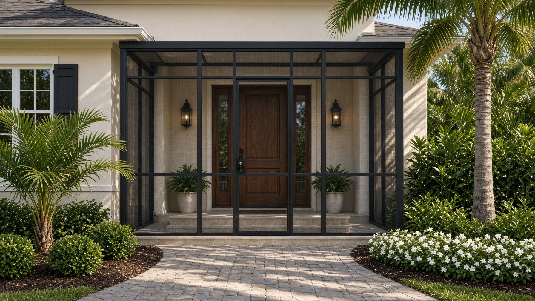 Front entrance of a beige house with a dark metal awning, wooden double doors, and landscaped walkway.