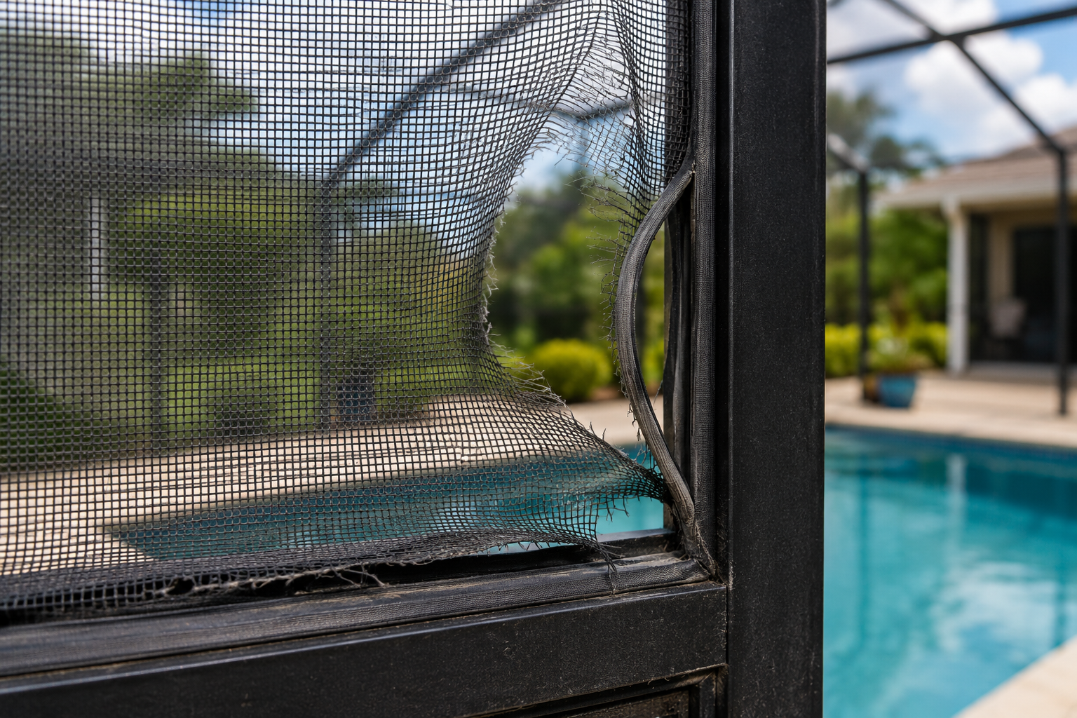 Worn Florida screen enclosure panel showing sagging mesh and visible damage